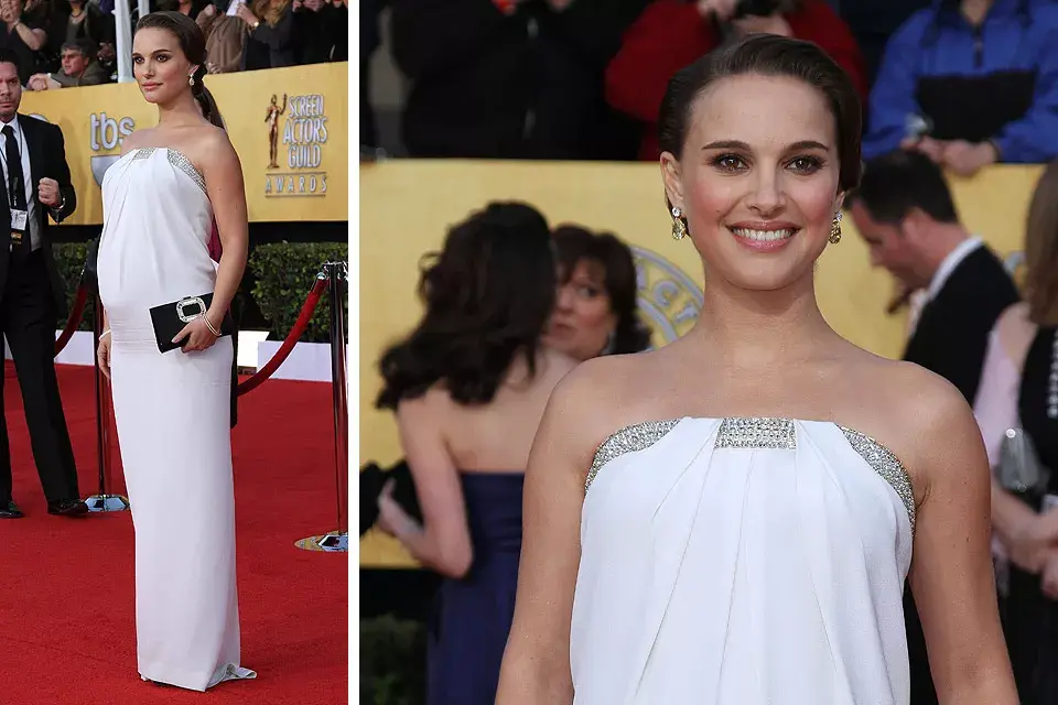 Súper elegante, Natalie Portman eligió un strapless blanco de Azzaro de línea tubo con detalles de cristales, que destacaba su embarazo; un diseño más corto y un poco más amplio le hubiera quedado aún mejor