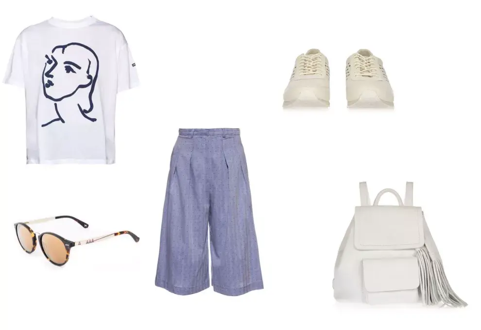 Anteojos (Absurda) Zapatillas (Lacoste, $2699 ) Mochila (Cacharel) Remera (AyNotDead, $725) Pantalón (Sette, $1980)