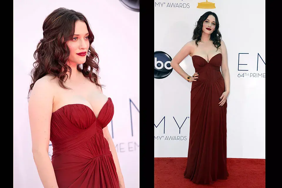 Kat Dennings, la protagonista de Two Broke Girls, también eligió un strapless corazón en este caso en color rubí con detalles de drapeado; el diseño es de J. Mendel