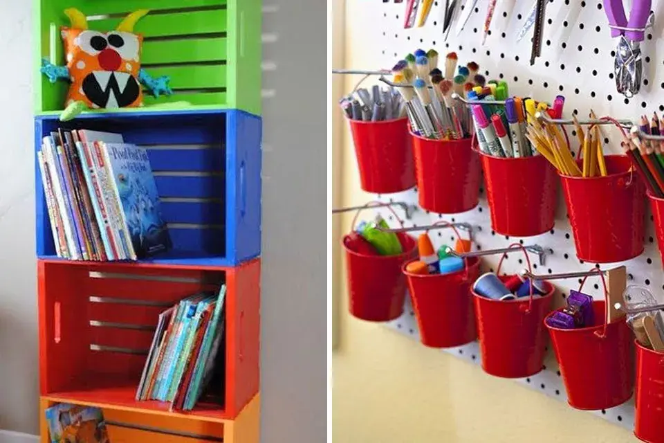 Muebles bajos para guardar juguetes y cajones de colores que aportan un toque deco