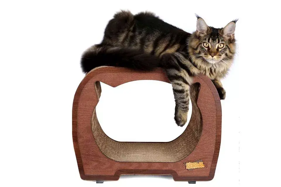 Túnel para gatos. Fabricado con cartón corrugado de alto libraje, frente y dorso revestidos con madera y patines de goma para impedir que se desplace. $400, Fábrica de Ronroneos