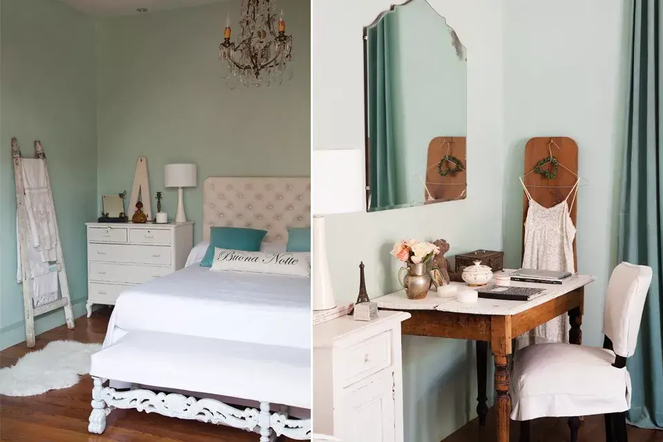 A la banqueta barroca a los pies de la cama le cosió una funda para taparle el rojo original y completó el outfit del dormitorio con una alfombra símil corderito ($520, DecoMarce)