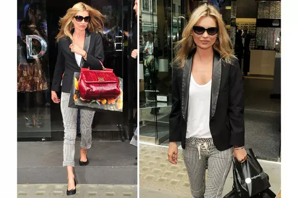 Kate Moss adora la chaqueta de cuello smoking para sus looks más informales; en este caso, se la puso con un pantalón capri rayado y chatitas