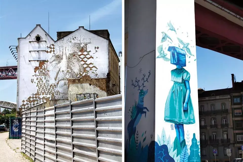 Más graffitis. Izquierda: la técnica de Vhils, que, en lugar de pintar, descasca paredes. Derecha: la niña azul de Oze Arv