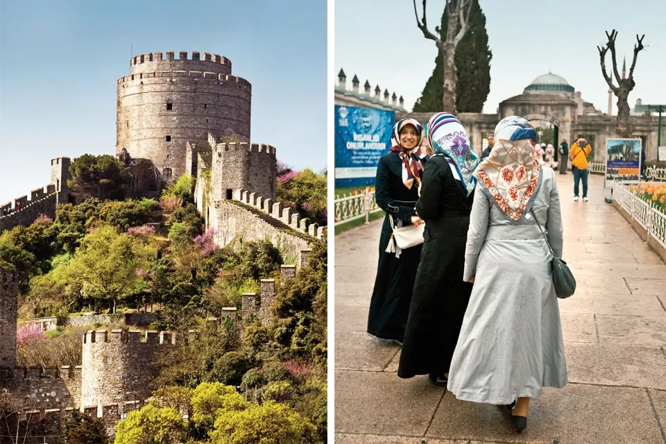 Izquierda: la cantidad de castillos y fortalezas de esta ciudad habla de su pasado imperial. Derecha: los pañuelos de las mujeres se llaman hiyab e indican la religión a la que pertenecen