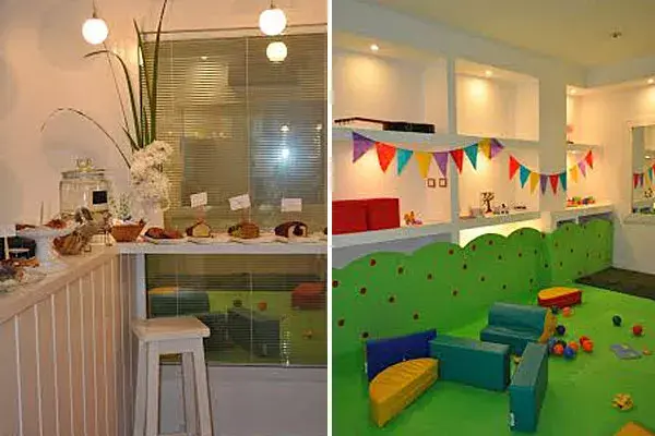 El café, donde las mamás pueden tomar algo mientras sus hijos juegan; por otro lado, el espacio de juego