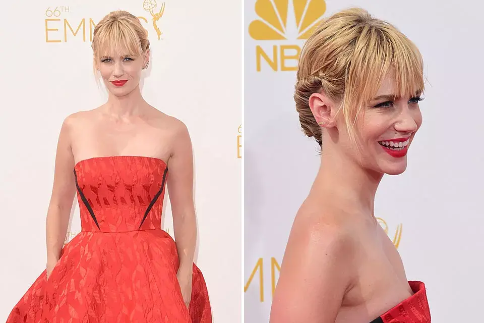 January Jones eligió un peinado recogido, con torzadas