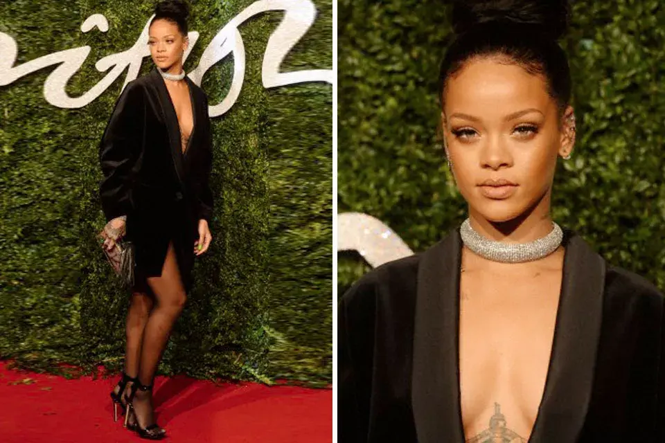 Rihanna con un vestido tipo tuxedo oversized de Stella McCartney de terciopelo con solapas satinadas, y una gargantilla que se llevó todas las miradas