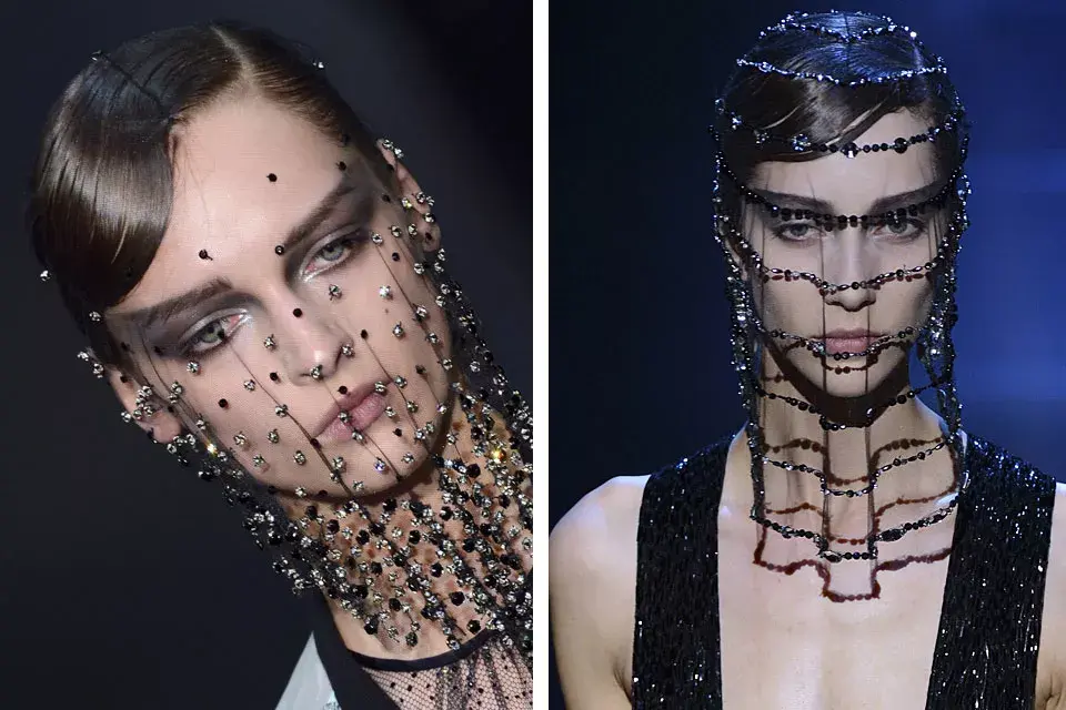 Un velo bordado para las modelos de estética años 20 en Giorgio Armani Prive