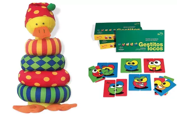 Juego de encastre con Pato ($127), juego Gestitos Locos ($62) de Meñique