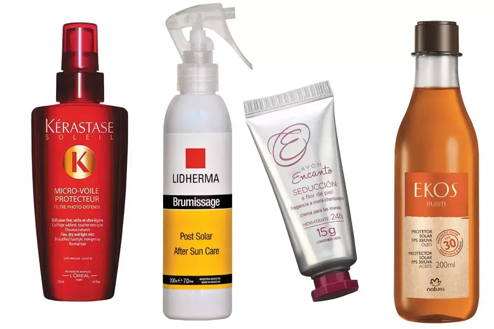 Protector para el pelo (Kérastase, $865). Spray postsolar (Lidherma, $349). Crema para manos (Avon, $57.Protector solar en aceite FPS 30 (EKos natura, $375).