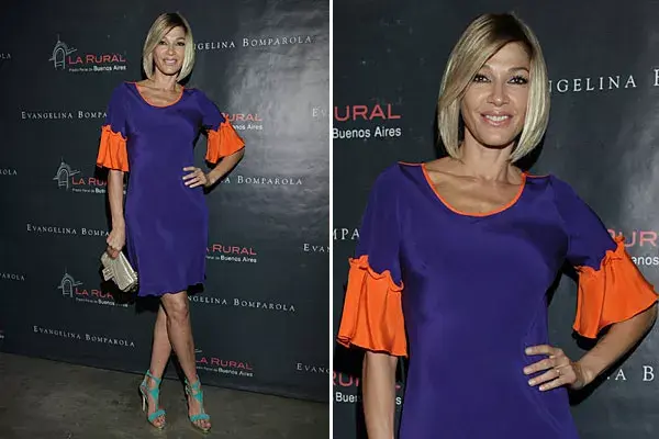 Catherine Fulop estuvo en la primera fila del desfile de Evangelina Bomparola en BAFWeek y lució un vestido bicolor, con mangas bien amplias