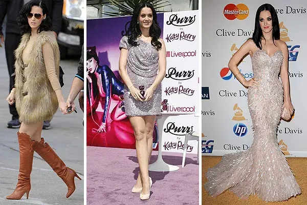 Katy Perry con un look muy sexy de día con un vestido corto tejido y botas altas, para un evento, opta por un vestido corto. De noche, vestido al cuerpo, mucho brillo y el pelo planchado