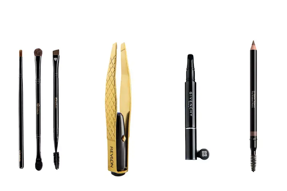 Kit de 3 pinceles para cejas y pestañas Natura / $317; Pinza con punta inclinada Revlon / $100; Mister Lash Booster Givenchy / $540 y delineador con cepillo y sacapuntas Guerlain / $445