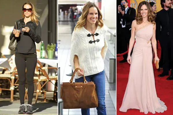 La actriz Hilary Swank, con ropa deportiva, informal (en el aeropuerto) o de gala, en la alfombra roja