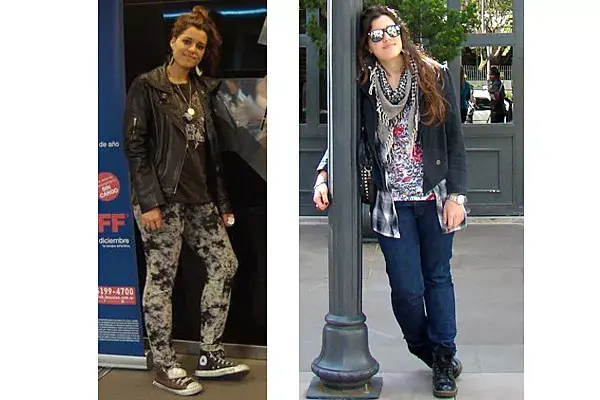 Nicole Panczuch también presenta dos looks, uno más rocker y otro más casual en el que superpone varias prendas