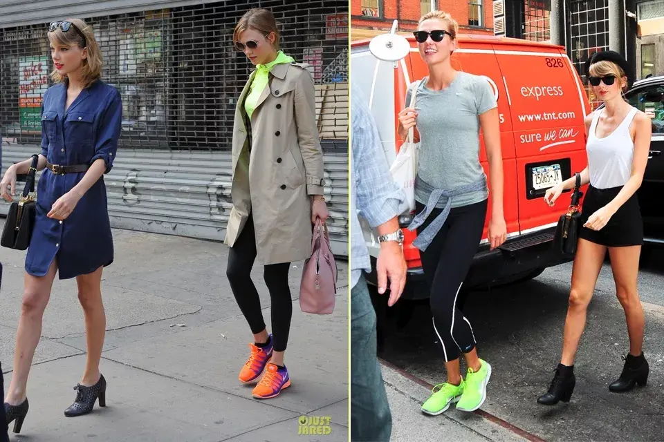 Acá sí que van bien distintas para salir del gimnasio: Karlie sale de calzas y zapatillas de running, mientras que Taylor nunca pierde la elegancia y se cambia enseguida por ropa más glamorosa