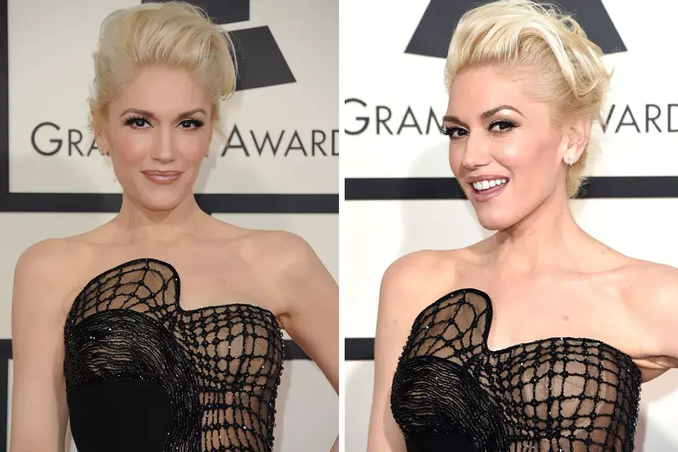 Gwen Stefani eligió su clásico recogido despeinado con mucho volumen en la parte superior y acompañó este look con uno aros de brillantes muy sencillos