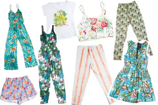 Mono estampado con tiras finitas (Cardón), remera con estampa (Como Quieres), top floreado (Como Quieres), pantalón en tonos verdes (Complot), short (Complot), mono con tiras gruesas (Chocolate), pantalón a rayas (Como quieres), minivestido (Complot)