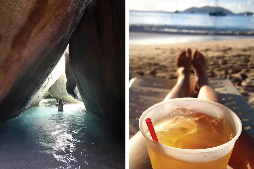 Izquierda: una cueva entre las rocas en el Parque Nacional The Baths. Derecha: el Painkiller es el trago típico, a base de ron, jugo de ananá y de naranja 
y leche de coco