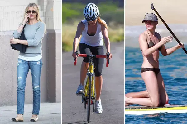 Tres looks informales de Cameron Diaz: en jean, por la calle; con ropa deportiva, andando en bici; y en el mar, en traje de baño