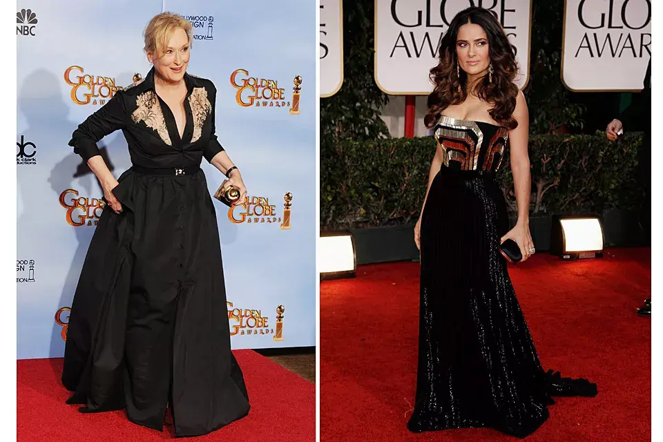 Negro: Elegantísima, Meryl Streep eligió un diseño bien armado; Salma Hayek quiso brillar con un strapless de Gucci con detalles en dorado