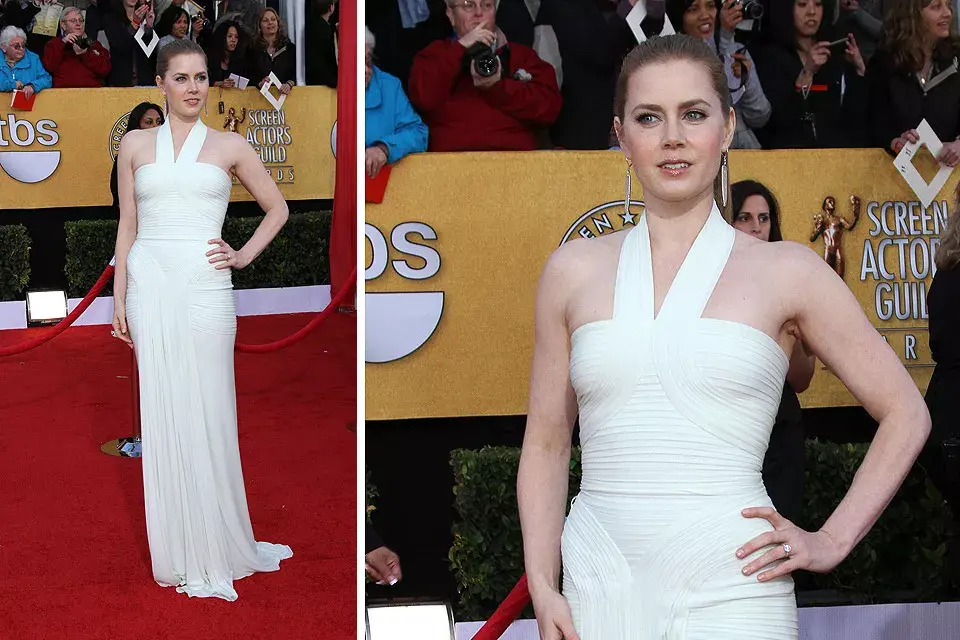 El color no estaba mal pero el diseño ajustado del vestido de Hervé L Leroux que usó Amy Adams no la favorecía