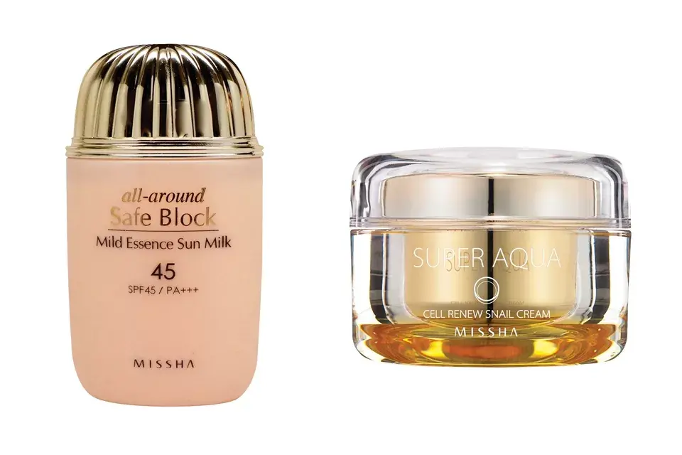 Izquierda: all-around safe block mild essence sun milk de Missha. Derecha: cell Renew Snail Cream de Missha