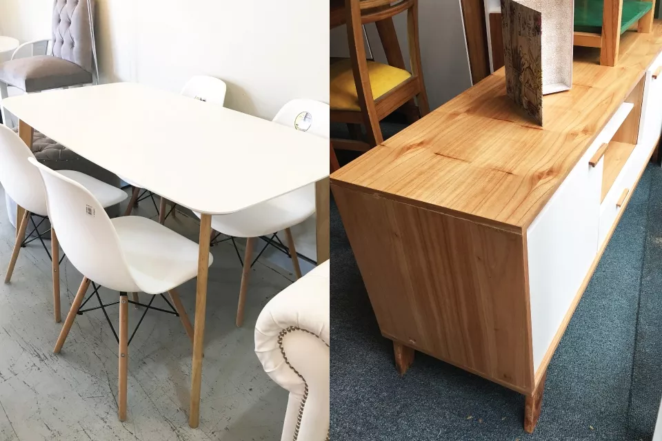 Izquierda: mesa y sillas Eames en Alfonsina. Derecha: cómoda clásica en Tiziana.