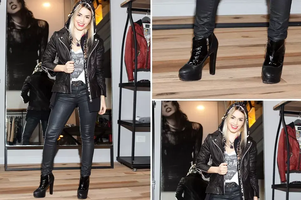 Lali Espósito se acercó a conocer la colección alto invierno de Doma con un outfit rockero a full: campera de cuero, canguro de paillettes y chupines engomados