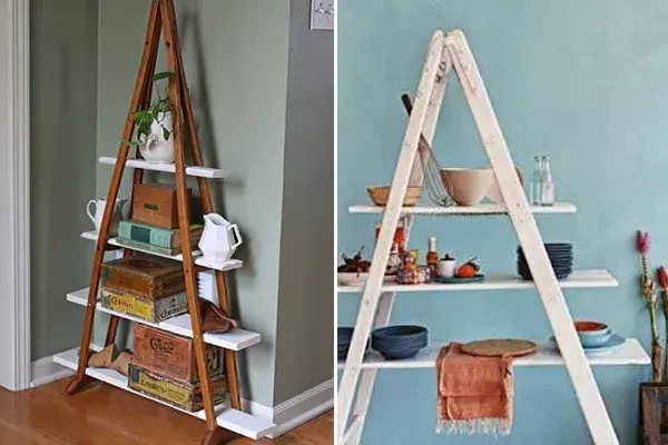 Otra opción que podés implementar. La primera esta hecha con un par de muletas en desuso. La segunda con una vieja escalera y estantes del mismo color. Eso sí, no es a prueba de niños