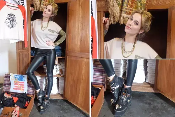 Chechu Bonelli visitó el local de Mia Cruz con un look muy canchero: calzas engomadas, booties con tachas y maxi remera con recortes militares