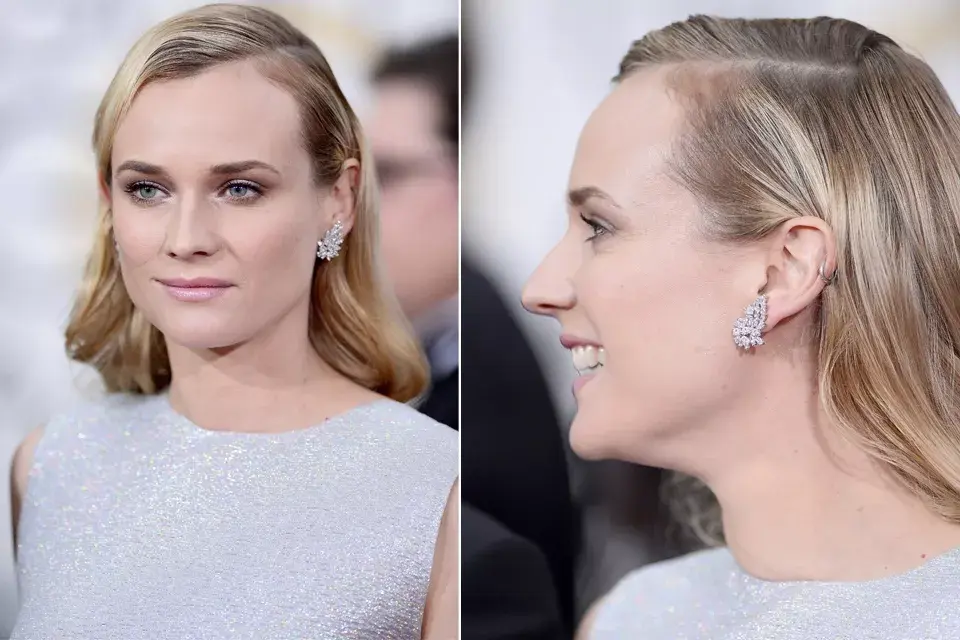 Diane Kruger dejó su pelo suelto con ondas naturales y dejó que los protagonistas fueran esos aros brillantes