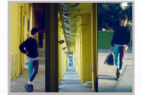 Gabriel Lazalde estudia Diseño de indumentaria y nos muestra un look con calzas bicolor invertidas (realizadas por él mismo) sumadas a un sweater y accesorios vintage