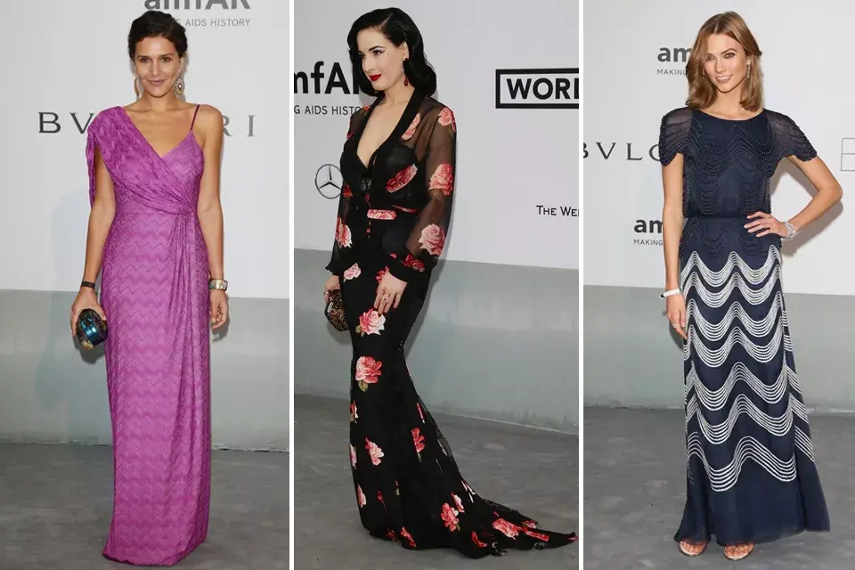 Tres looks eclécticos para que elijas el que más te gusta: Margherita Missoni con un vestido color lavanda asimétrico, Dita von Teese optó por un print floral combinado con negro, y Karlie Kloss de azul noche, un vestido alta costura de Chanel