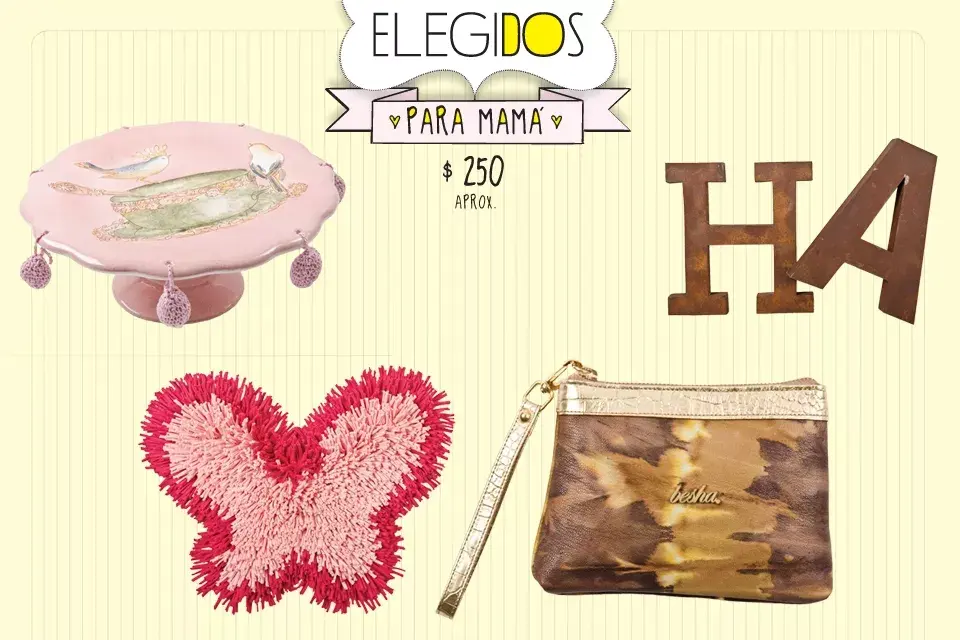 Pie de torta rosa con dibujos de pajaritos y colgantes de crochet (Reina Batata, $240); letras de hiero para darle un toque de diseño a tu casa (Joda, $290 c/u); alfombra con forma de mariposa (Tienda Palacio ($230); bolsito de mano con estampa batik (Besha, $298)