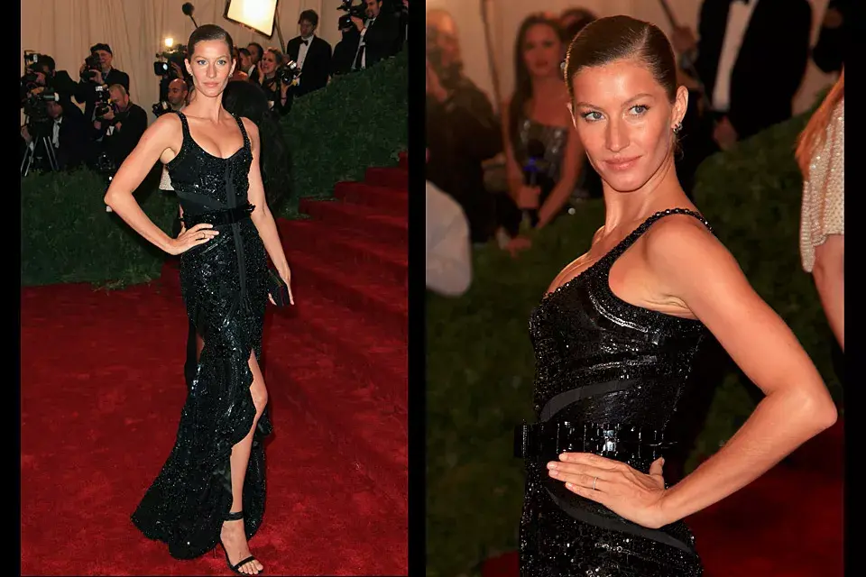 Con un estilo muy prolijo y vestido de Givenchy negro, Gisele Bundchen mostró la pierna al mejor estilo Angelina Jolie en los Oscar