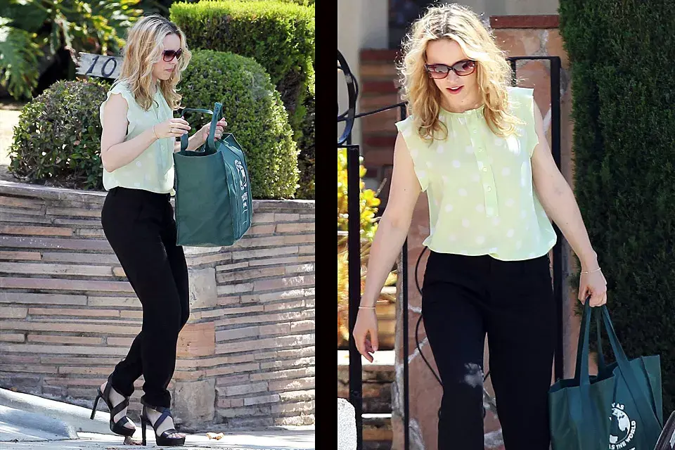 Un look ideal para ir a la oficina Rachel McAdams optó por un pantalón clásico, blusa verde agua con lunares y sandalias de taco alto