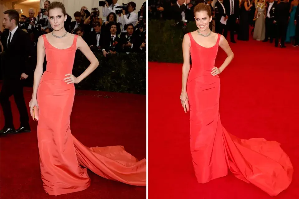 Allison Williams eligió un vestido de Oscar de la Renta rojo, uno de los colores preferidos por las celebrities en esta gala