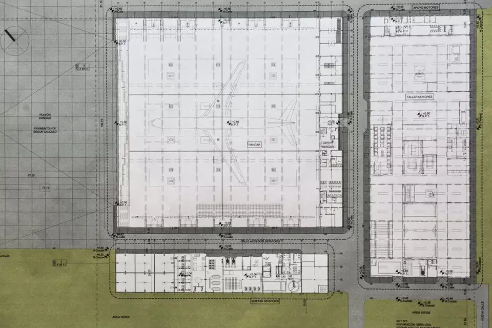 Un plano del hangar 3. Los hangares de Ezeiza fueron construidos por el ministro Juan Pistarini en 1949, un visionario de la aeronáutica