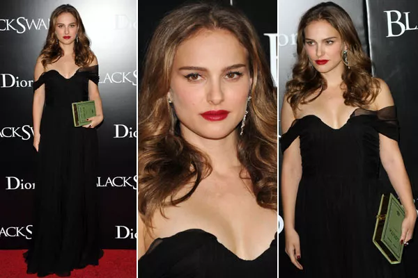 Natalie en el estreno de la película Black Swan, con diseño de Dior y clutch ¡en forma de libro!