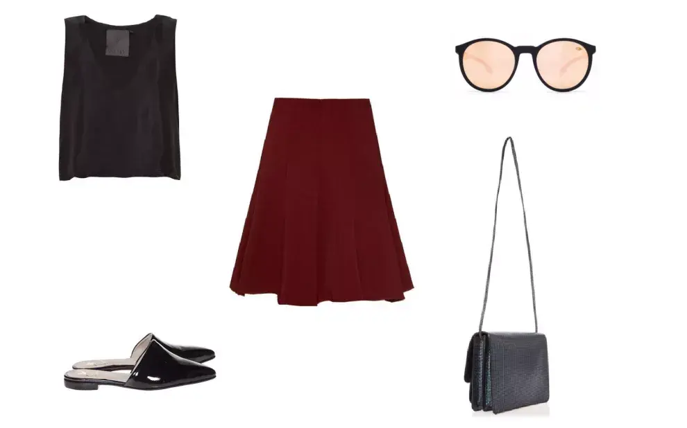 Top (Deleon, $1780) Anteojos (Mormaii) Falda (Las Pepas, $1290) Bandolera (Peter Kent) Zapatos (Abril Pereyra Lucena, $3038)