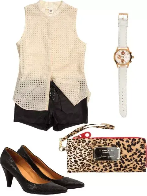 Camisa sin mangas (Paula Cahen d’Anvers, $1350), shorts (Uma, $2480), reloj (XL, $908), sobre multifunción (Juanita Jo, $920), stilettos tramados (Vitamina, $2398).