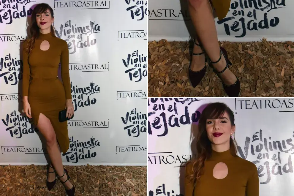 Juli Nair Calvo, con un vestido sexy y lleno de recortes que dejaba ver su escultural cuerpo en el estreno de "El violinista en el Tejado". Bancamos mil su labial borgoña 