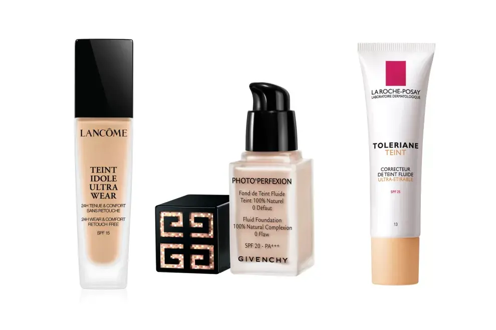 Teint Idole Ultra Wear (Lancôme, $1555); Photo’Perfexion (Givenchy, $1440); Toleriane Teint fluido (La Roche- Posay, $904) 