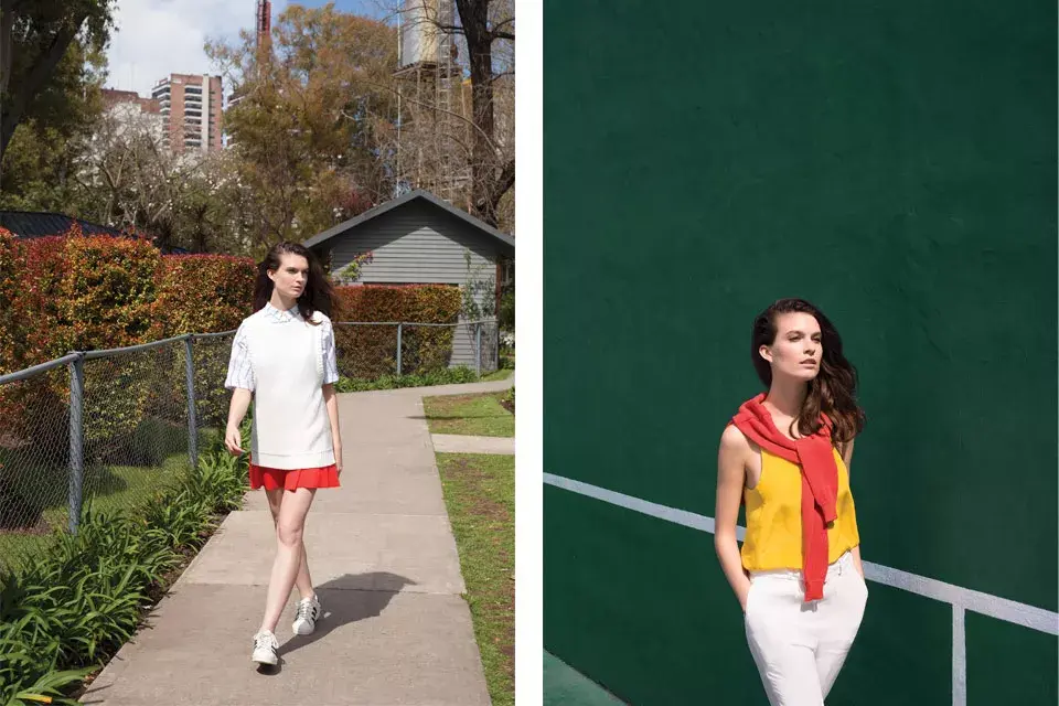 Chaleco (Uma, $1760), Camisa (Yagmour, $699), Falda (Cher), Zapatillas (Adidas Originals, $1149). Top (Clara, $1950), Suéter (Complot, $790), Pantalón (Basement, $499).