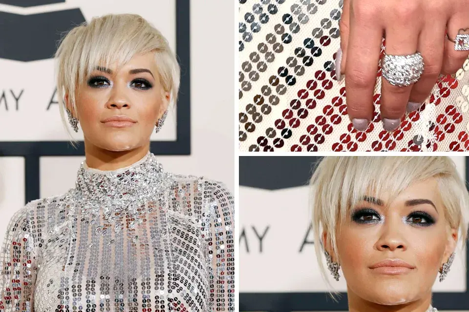 Rita Ora y el claro ejemplo de que hasta con melena bien corta se puede armar un buen look. ¿Sus accesorios? Aros y anillos de brillantes en composé