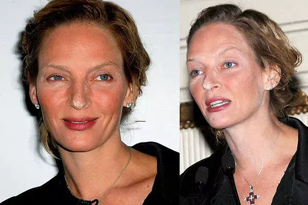 Restos de base: maquillaje mal aplicado para Uma Thurman