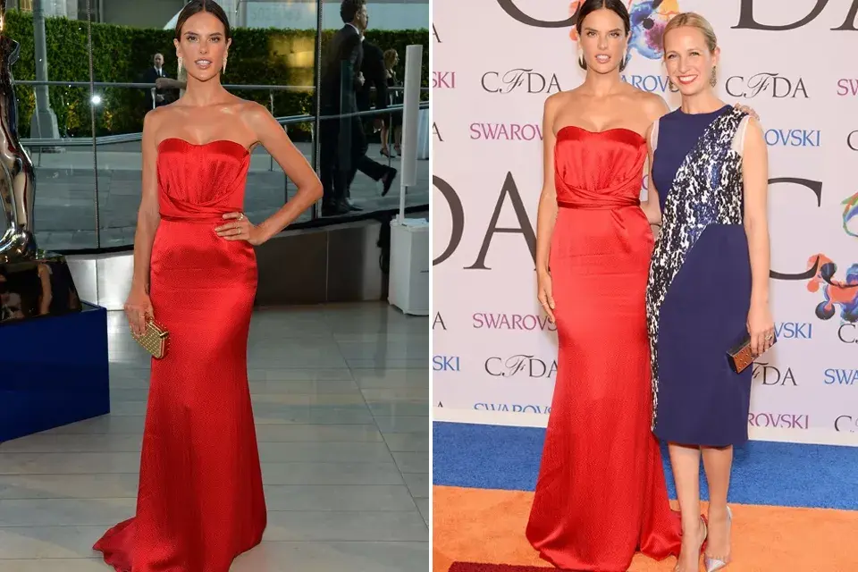 Alessandra Ambrosio eligió el rojo para sorprender a los fotógrafos y a todos los asistentes al evento. La modelo lució un vestido al cuerpo con escote palabra de honor, by Misha Nonoo Fisher