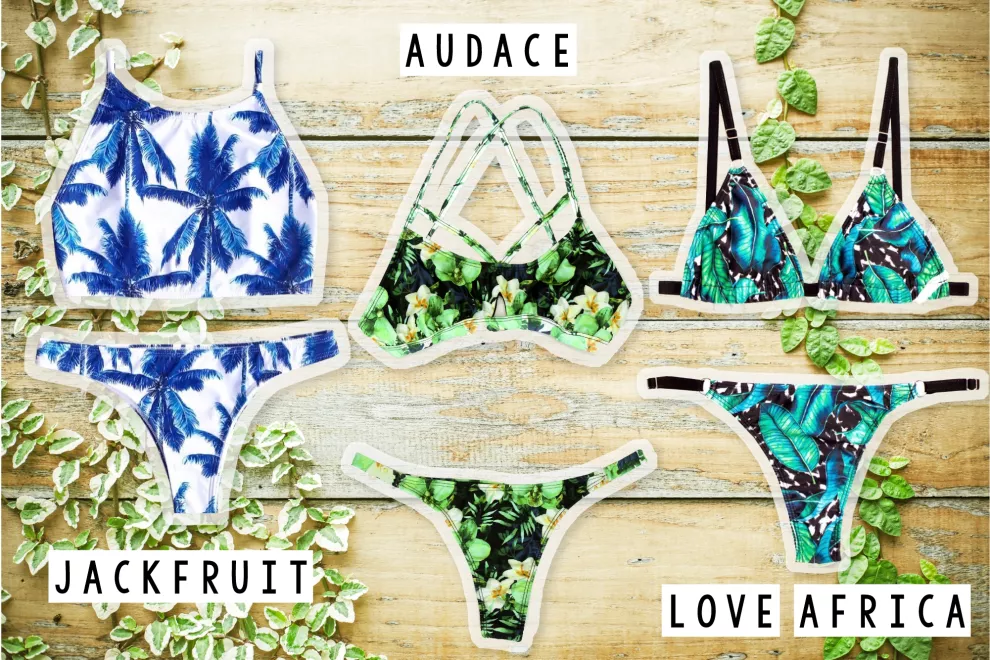 Bikini con top estilo deportivo estampada $850 de Jackfruit / Bikini corpiño estampada en verdes $990 de Audace / Bikini triangulito estampada selva $950 de Loveafrica